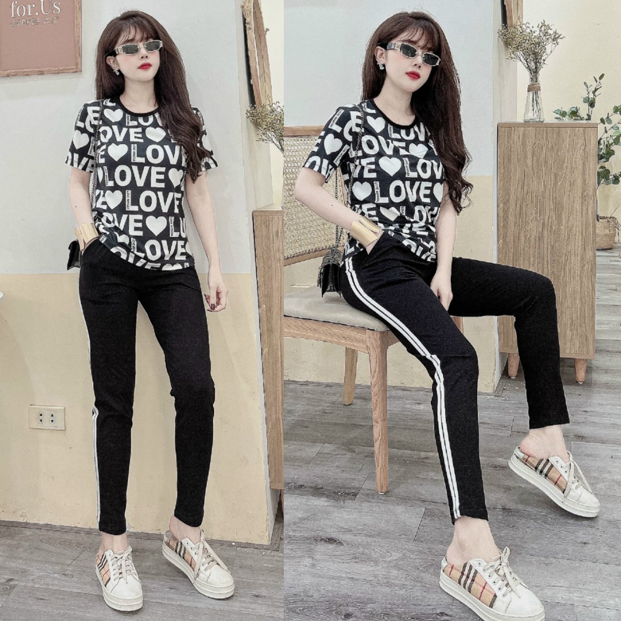 Bộ thun nữ cotton 100% phối họa tiết LOVE- BTN361